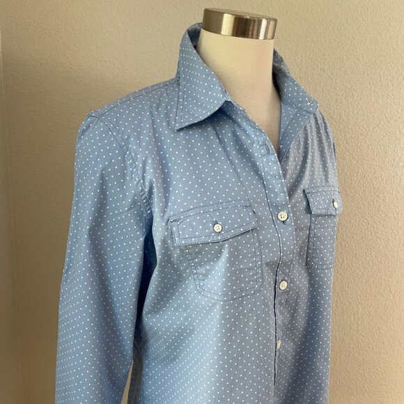 LL Bean Womens Medium Blue Polka Dot Button Up Shirt Roll Tab Sleeve Blouse Top - Picture 2 of 9